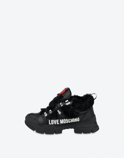 Shop Love Moschino Calfskin And Nylon Trekking Sneakers In Black