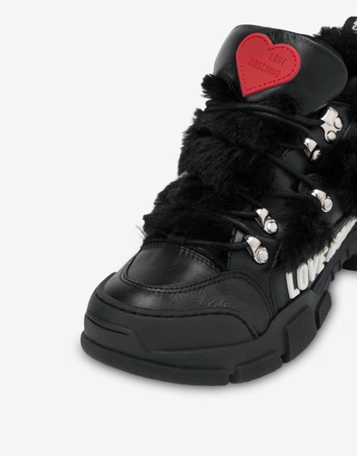 Shop Love Moschino Calfskin And Nylon Trekking Sneakers In Black