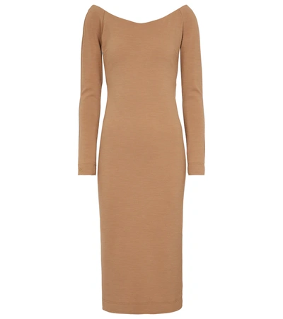 Shop Fendi Off-shoulder Wool Jersey Midi Dress In Brown