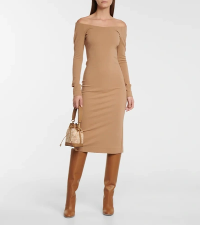 Shop Fendi Off-shoulder Wool Jersey Midi Dress In Brown