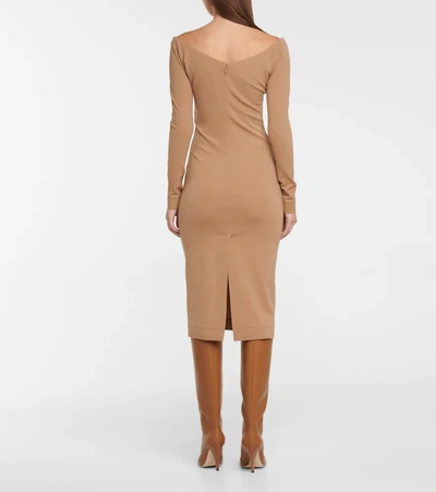 Shop Fendi Off-shoulder Wool Jersey Midi Dress In Brown