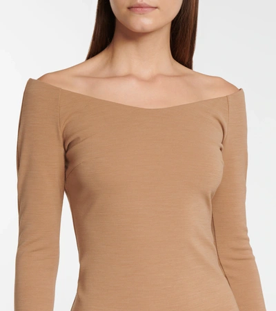 Shop Fendi Off-shoulder Wool Jersey Midi Dress In Brown