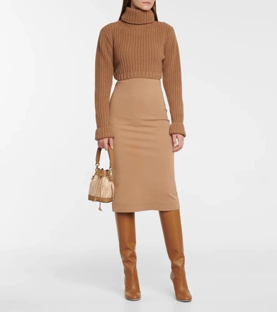 Shop Fendi Off-shoulder Wool Jersey Midi Dress In Brown