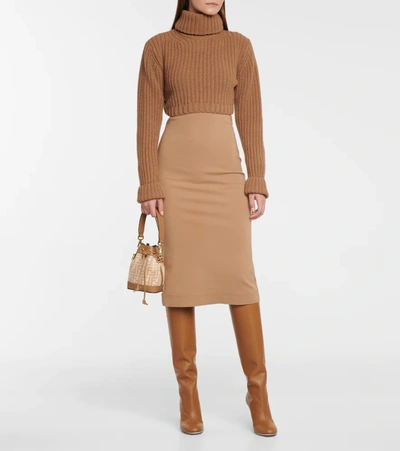 Fendi Off-shoulder Wool Jersey Midi Dress In Brown