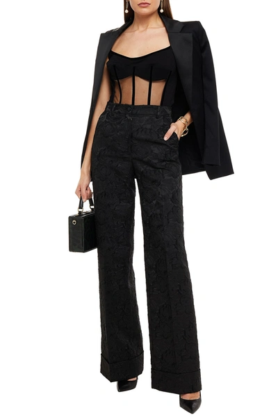 Shop Dolce & Gabbana Floral-jacquard Straight-leg Pants In Black