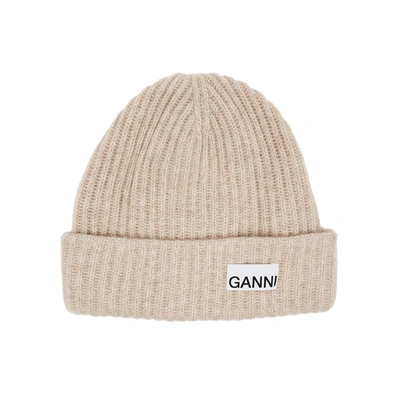 Shop Ganni Sand Ribbed Wool-blend Beanie
