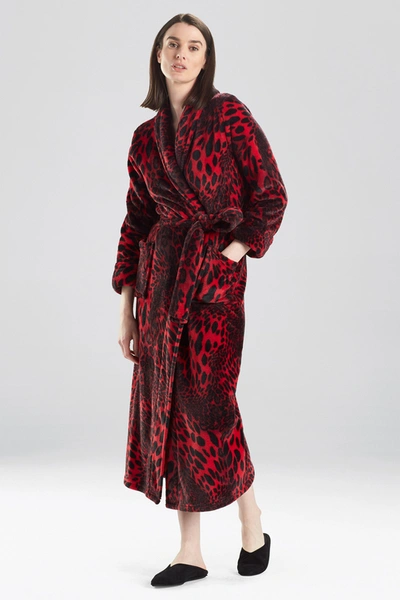 Shop Natori Plush Velour Leopard Wrap Robe With Pockets + Tie In Brocade Red