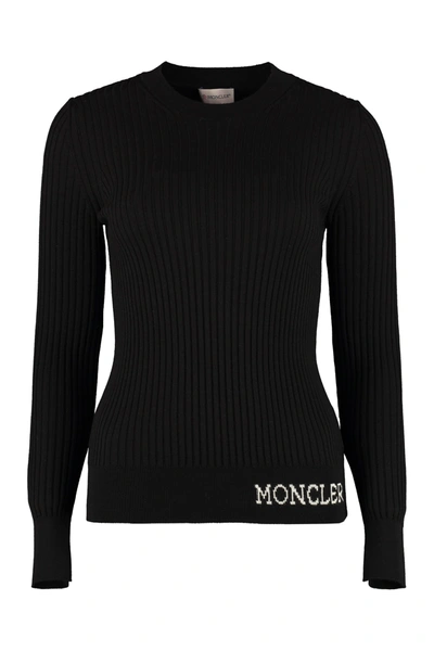 Shop Moncler Logo Intarsia Ribbed Jumper In Black