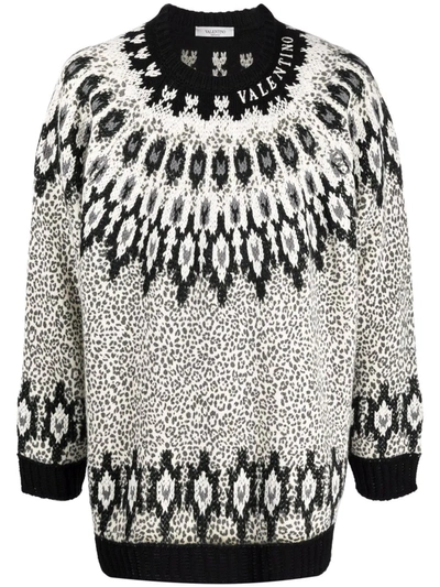 Valentino Crew Neck Wool Sweater  With Animal Print And Embroidery In White