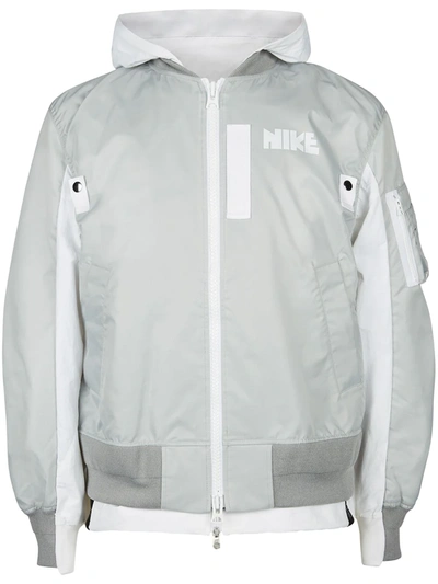 Nike X Sacai Logo-print Layered Bomber Jacket In Grey Fog | ModeSens