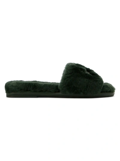 Shop Tory Burch Women's Double-t Shearling Slides In Military Green