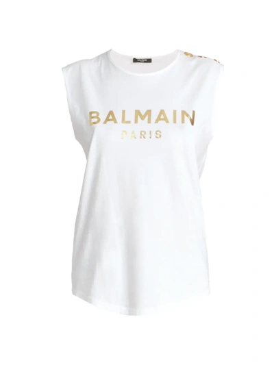 Shop Balmain Embossed-button Logo Top In Blanc