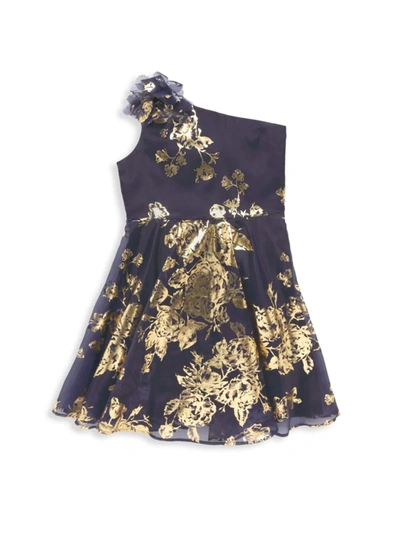 Shop Marchesa Little Girl's & Girl's One-shoulder Foil Stamp Dress In Navy