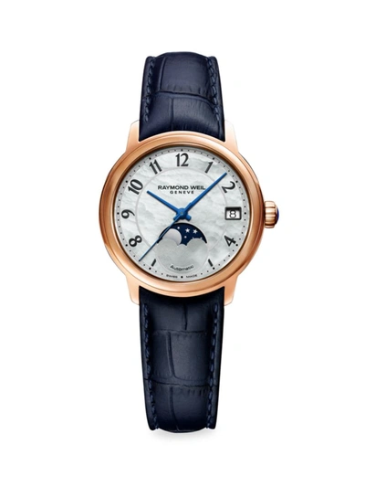 Shop Raymond Weil Women's Maestro Moon Phase Mother-of-pearl Leather Watch In Blue
