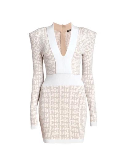 Shop Balmain Glitter Monogram Mini-dress In Nude Argent