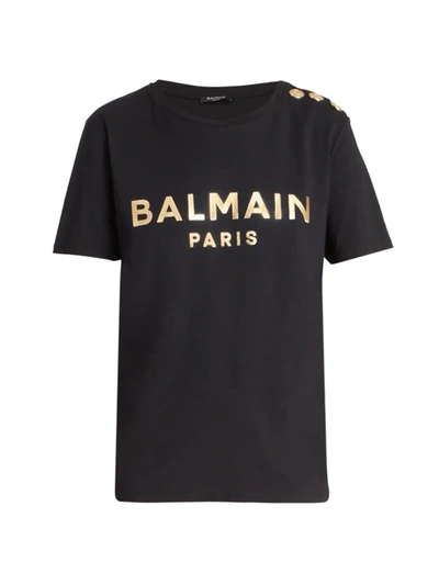 Shop Balmain Button-embellished Metallic Logo T-shirt In Black Gold
