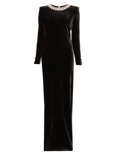 Shop Balmain Women's Faux Jewel & Faux Pearl Velvet Gown In Noir Argent