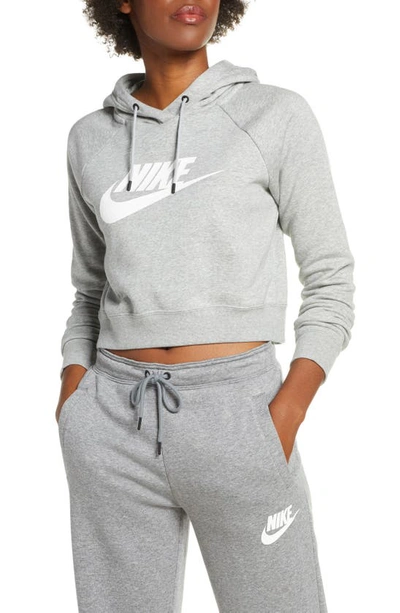 Shop Nike Sportswear Essential Crop Hoodie In Dark Grey Heather/ White