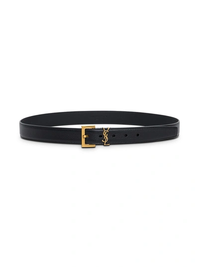 Saint Laurent Golden Ysl Monogram Croc-embossed Leather Belt In Black