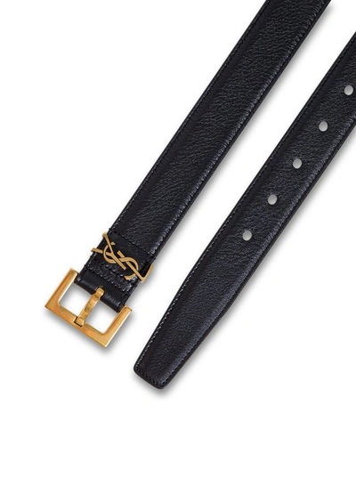 Saint Laurent Golden Ysl Monogram Croc-embossed Leather Belt In Black