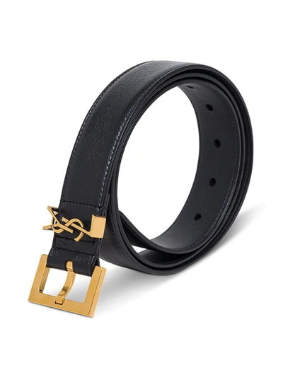 Saint Laurent Golden Ysl Monogram Croc-embossed Leather Belt In Black