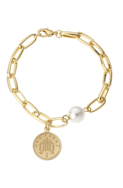 Shop Ettika Imitation Pearl & Coin Paperclip Chain Bracelet In Gold