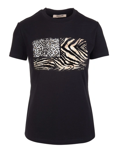 Shop Roberto Cavalli Woman Black T-shirt With Animalier Patchwork Print