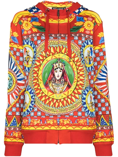 Shop Dolce & Gabbana Carretto-print Zip-up Hoodie In Red