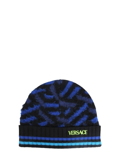 Shop Versace Logo Intarsia Knit Beanie In Blue