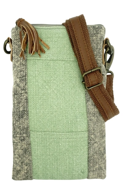 Shop Vintage Addiction Two-tone Crossbody Bag With Leather Trim In Sea Green/grey