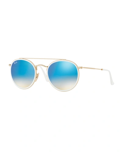 Shop Ray Ban Round Double-bridge Flash Sunglasses In Gold-blue