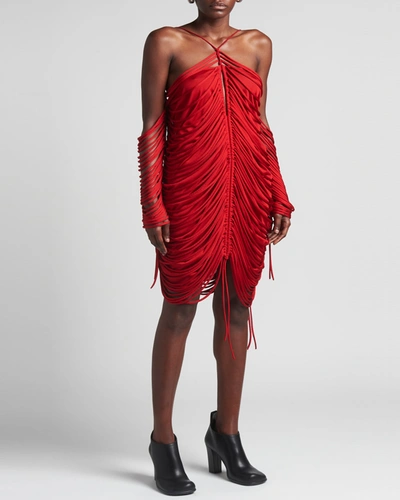 Shop Bottega Veneta Fringe Draped Knit Cold-shoulder Dress In 6442 Scarlet