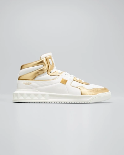 Shop Valentino Men's Roman Stud Leather High-top Sneakers In Ivory/gold