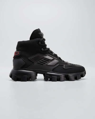 Shop Prada Men's Cloudbust Thunder Lug-sole High-top Sneakers In Nero