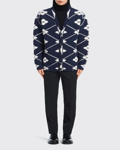 Shop Prada Men's Wool-cashmere Cardigan Sweater In Navy Bianco
