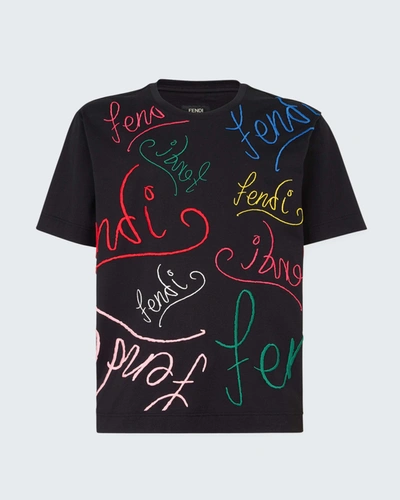 Shop Fendi Men's Chalk Embroidered T-shirt In Neromulticolor