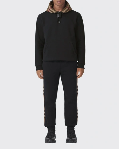 Shop Burberry Men's Check-hood Pullover Sweatshirt In Black