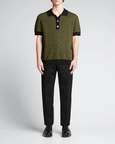 Shop Balmain Men's Monogram Knit Polo Shirt In Khaki/black