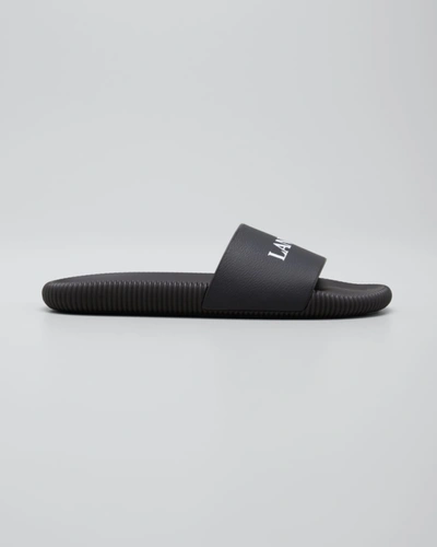 Shop Lanvin Men's Logo Leather Slide Sandals In 1000 Blackwhite