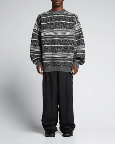 Shop Balenciaga Men's Wool Fair Isle Sweater In Grey