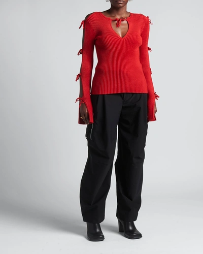 Shop Bottega Veneta Tie-sleeve Ribbed Sweater In 6442 Scarlet