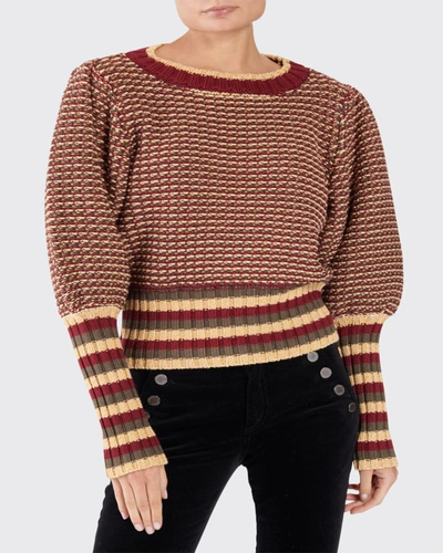 Shop Ramy Brook Hadar Striped Puff-sleeve Sweater In Bordeauxolivebutt