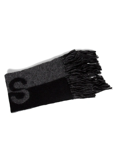 Shop Saint Laurent Wool Knit Signature Scarf Black And Grey