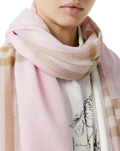 Check Lightweight Wool Silk Scarf in Pale Candy Pink