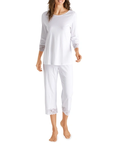 Shop Hanro Moments Lace-trim Cropped Pajama Set In White