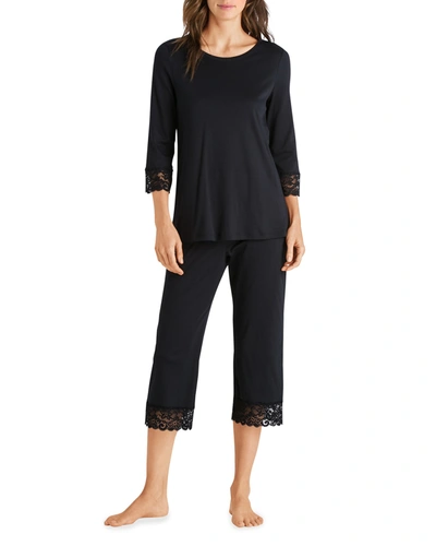 Shop Hanro Moments Lace-trim Cropped Pajama Set In Black