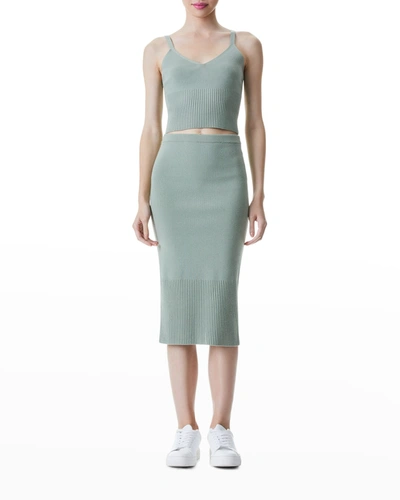 Shop Alice And Olivia Leo Side Slit Midi Skirt In Sage
