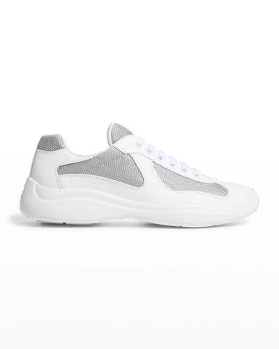 Shop Prada Men's America's Cup Patent Leather Patchwork Sneakers In White/silver