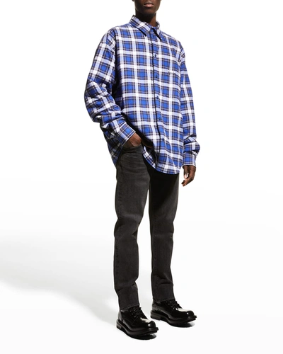 Shop Balenciaga Men's Plaid Flannel Padded Shirt Jacket In Blu/navy