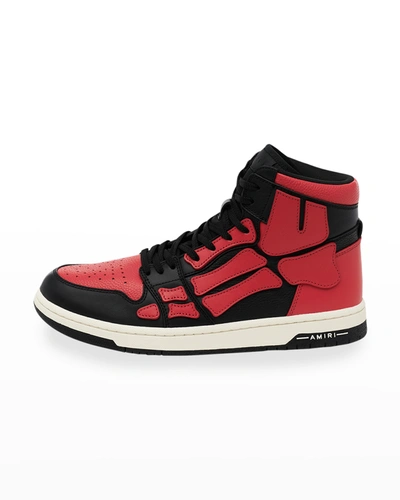 Shop Amiri Men's Skeleton Leather High-top Sneakers In Black/red